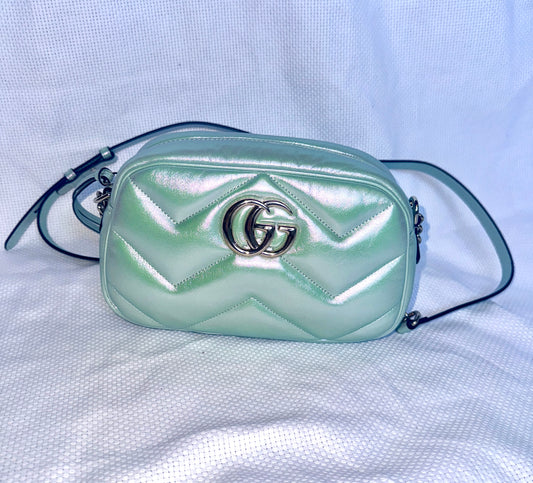 GUCCI GG Marmont Salvy Green Iridescent Nappa Chevron Matelasse Shoulder Bag