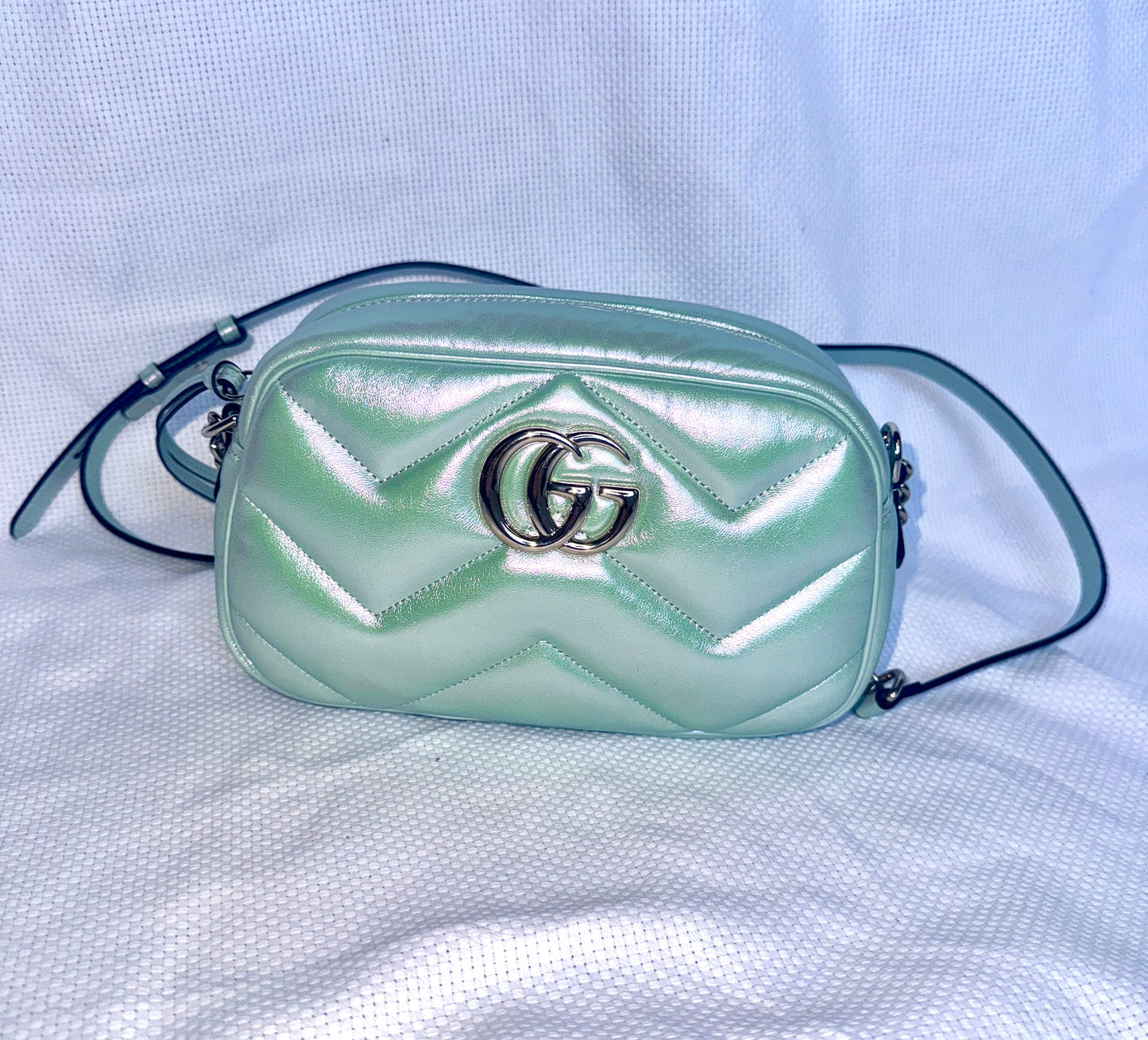 GUCCI GG Marmont Salvy Green Iridescent Nappa Chevron Matelasse Shoulder Bag