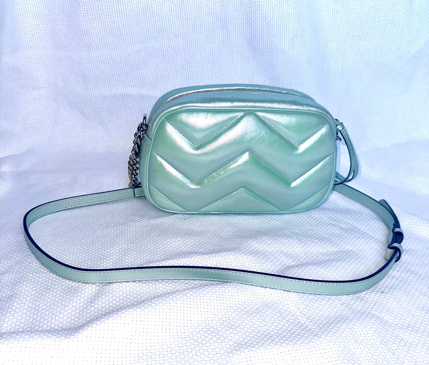 GUCCI GG Marmont Salvy Green Iridescent Nappa Chevron Matelasse Shoulder Bag