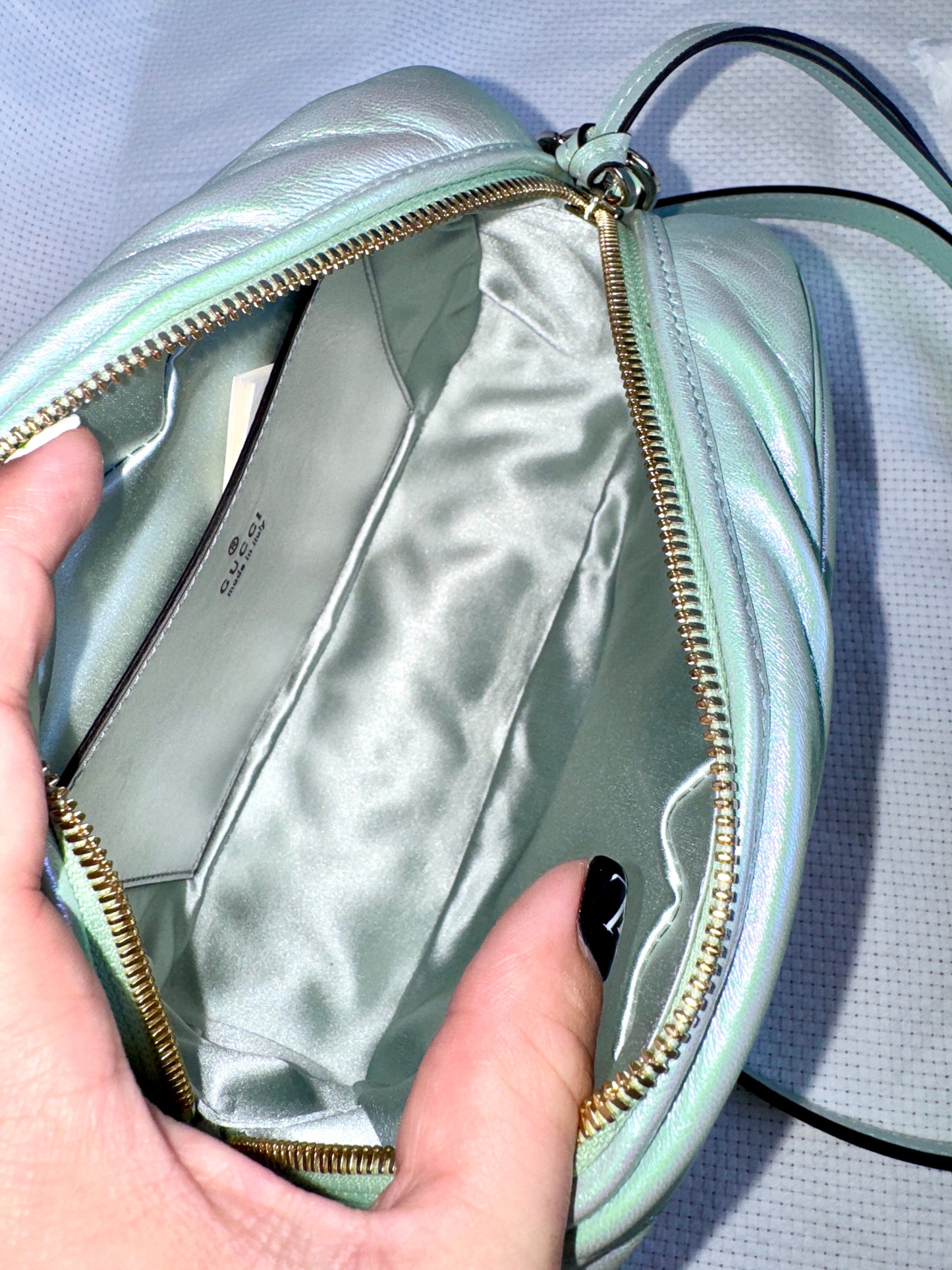 GUCCI GG Marmont Salvy Green Iridescent Nappa Chevron Matelasse Shoulder Bag