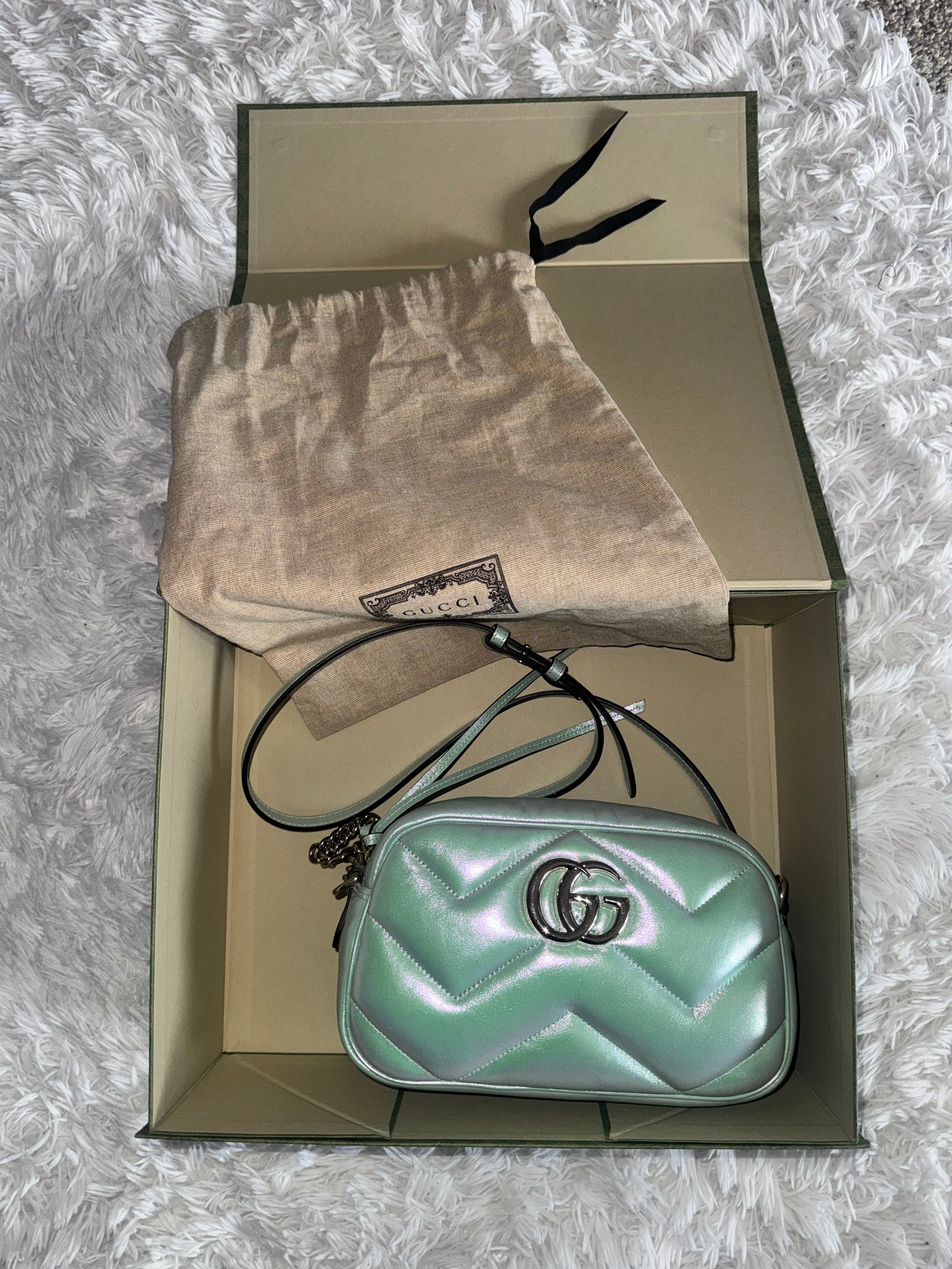 GUCCI GG Marmont Salvy Green Iridescent Nappa Chevron Matelasse Shoulder Bag