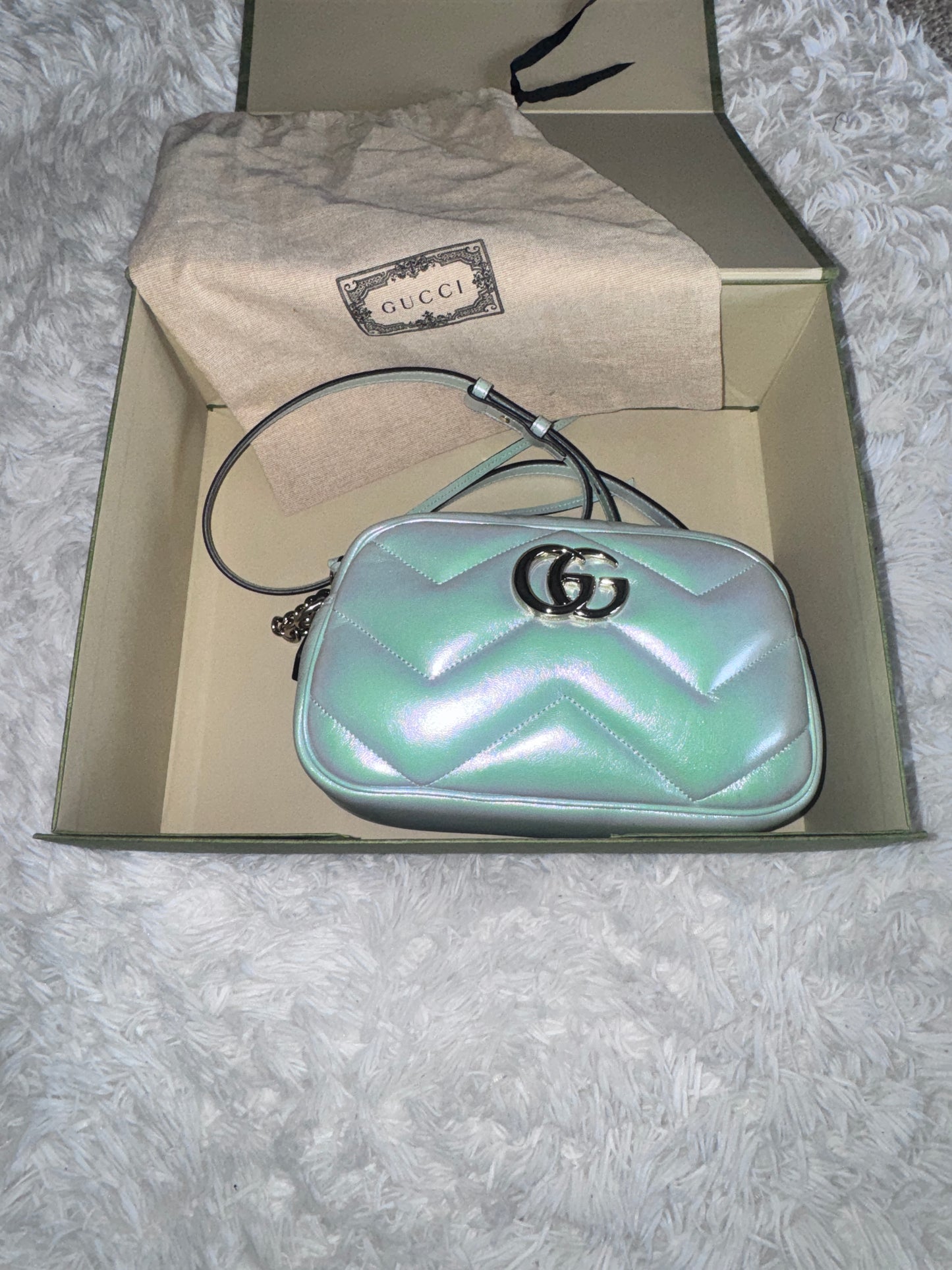 GUCCI GG Marmont Salvy Green Iridescent Nappa Chevron Matelasse Shoulder Bag